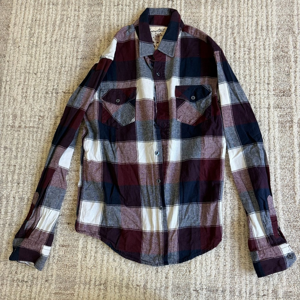 Coastal Mens Small Plaid Flannel Shirt Burgundy Navy Herringbone Long Sleeve